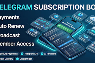 develop subscription telegram bot, broadcast, welcome message, payment, renewal