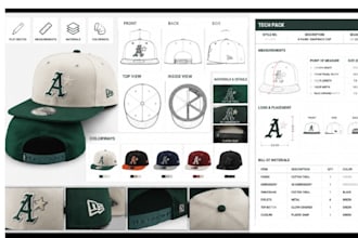 create cap tech pack, cap design, bucket hat, snapback, flat sketch with mockups
