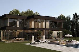 3d glassy villa exterior, duplex house, outdoor lounge render,open plan interior