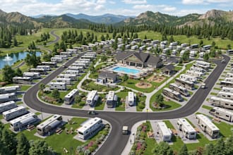 design 3d rv resort, campground, tiny home park, and glamping renderings