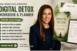 design digital detox workbook, planner and editable canva wellness journal