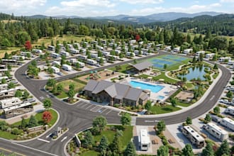 produce 3d rv park rendering with landscape roads and amenities