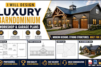 design luxury barndominium, workshop and garage plans
