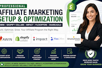 create and setup awin, shopify collabs, impact, flexoffers shareasale for you