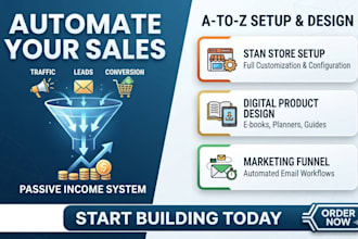 do stan store setup, digital product design, and automate marketing sales funnel