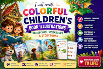 create colorful childrens book illustrations, homeschool workbook and storybooks