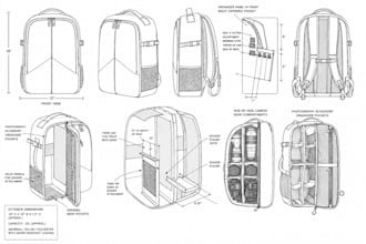 design camera bag, backpack, handbag, purse with tech pack