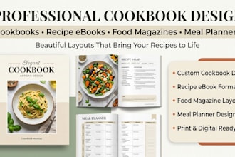 design a professional cookbook, recipe ebook, food magazine and meal planner