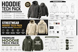 design hoodie, streetwear and fashion apparel tech packs with flat sketches