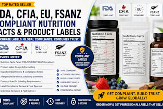 create fda, cfia, eu, fsanz compliant nutrition facts and product labels