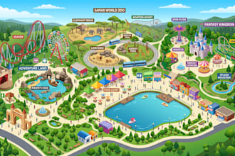 design custom theme park map, zoo map, amusement park and attraction map