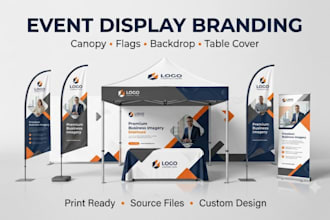design canopy tent, feather flag, backdrop banner and table cover
