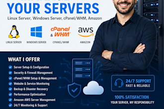 manage iinux server, window server, cpanel, whm, amazon