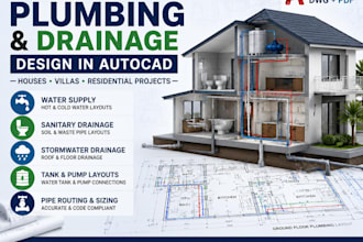 design complete plumbing and drainage layouts for houses and villas in autocad