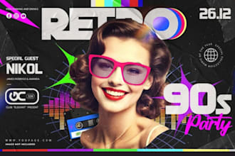 design 90s flyer, 70s 80s flyer style retro vintage dj, party flyer, club poster