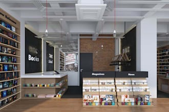 design photorealistic 3d bookstore, library, bookshop interior and retail store