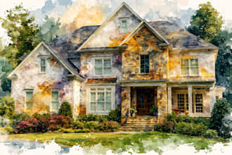 paint custom digital watercolor house, home building portrait illustrations