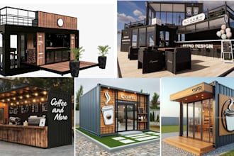 design realistic 3d container coffee shop, cafe, bakery, restaurant, and bar