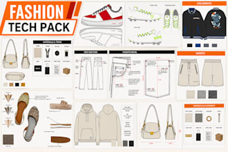 create fashion tech pack, shoe, bag apparel tech pack, flat sketch footware