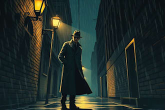 design a noir detective book cover with cinematic rain and shadow