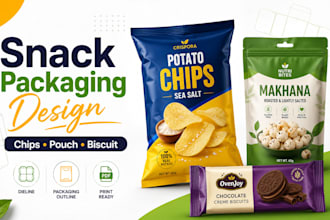 design chips packaging, snack pouch, biscuit wrapper and print ready dieline