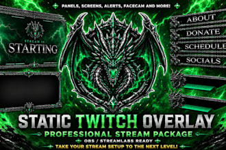 create static twitch stream overlays, screens, panels and stream branding