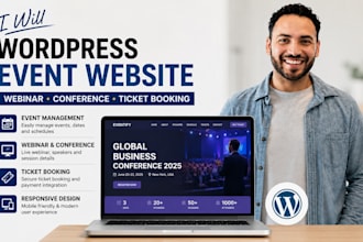 create wordpress event website with webinar, conference and ticket booking page