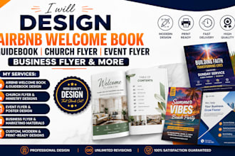 create airbnb welcome book guidebook, church flyer, event flyer, business flyer