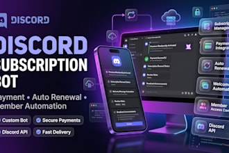 develop discord subscription bot, broadcast,  welcome message, payment, renewal