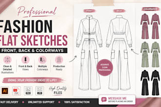 create professional fashion flat sketches with front, back and colorways