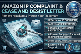 write amazon cease and desist letter or IP complaint amazon hijacker trademark