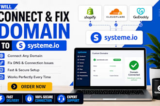 connect, fix, domain to shopify, cloudfare, godaddy domain to systeme io