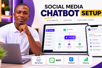 setup social medial chatbot, manychat chatbot, wati, chatfuel, aisensy and waba