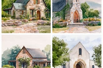 draw watercolor wedding venue, house and building