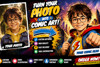 turn photo to anime comic cartoon character art superhero portrait illustration