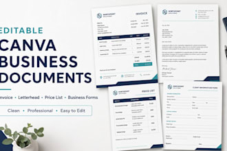 design editable canva invoice, letterhead, pricelist and business form templates