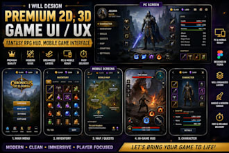 design 2d 3d game ui ux, fantasy rpg hud, mobile game interface