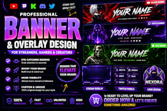 design premium  twitch overlay, gaming, youtube , kick, and website banner