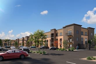 redesign apartment complex, building exterior earth tones, facade elevation, cgi