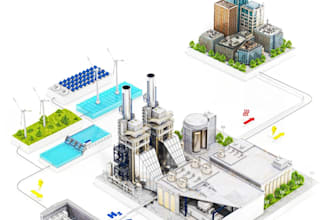 isometric 3d infographic,industrial sector revamp,power plant,aerial view render