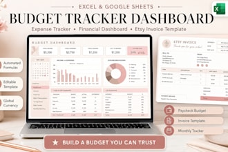 create excel or google sheets budget tracker dashboard and etsy invoice template