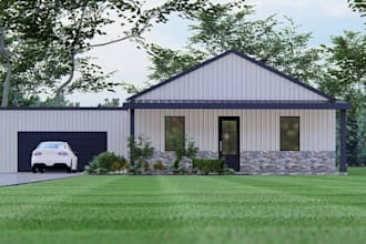 produce modern farmhouse exterior from 2d cad file, design single american house