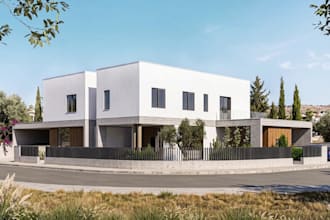 revitalize 3d minimalist house exterior, mediterranean landscape,driveway render