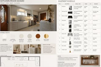 draft autocad millwork, furniture technical drawing, interior design mood board