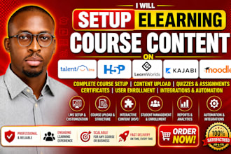 setup elearning course content on talentlms, h5p learnworlds, kajabi, moodle lms