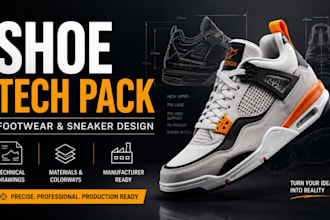 create shoe tech pack, footwear and sneaker design for manufacturing