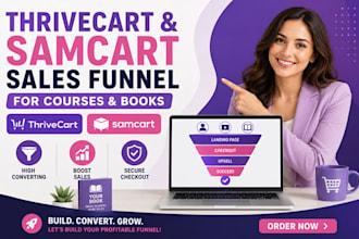 design thrivecart and samcart sales funnel for online course and book promotion