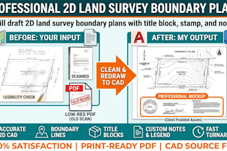 draft 2d land survey boundary plans with title block, site plan, stamp and notes