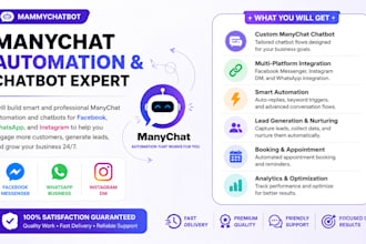 build manychat automation, manychat chatbot for facebook, whatsapp and instagram