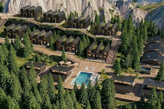 render 3d mountain resort,vacation villa,urban landscape,summer house,cabin home